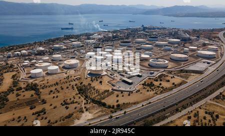 Saronic gulf view and motor oil's industry at Agioi Theodoroi,Greece Stock Photo
