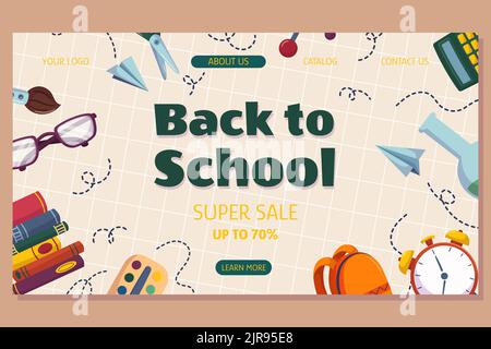 Colorful back to school sale offer landing page template with different studying supplies - books stack, paint palette, bag alarm glasses paper airpla Stock Vector