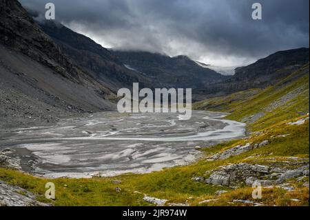 Lämmerenboden with meandering creek and wildstrubel glacier in the distance in valais Stock Photo