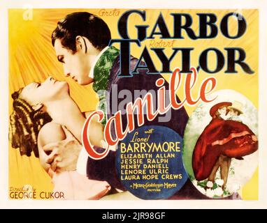 Greta Garbo and Robert Taylor in Camille (MGM, 1937) vintage movie poster. Old film advertisement. Stock Photo