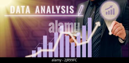 Handwriting text Data Analysis. Conceptual photo Translate numbers to Analytical Conclusion Forecasting Man With Tablet And Digital Bar Graph Stock Photo