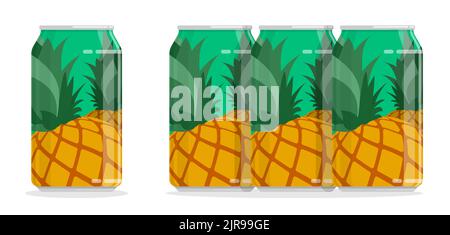 Aluminum can with pineapple drink. Storing cocktails and soda in jar. Flat cartoon vector isolated on white background Stock Vector