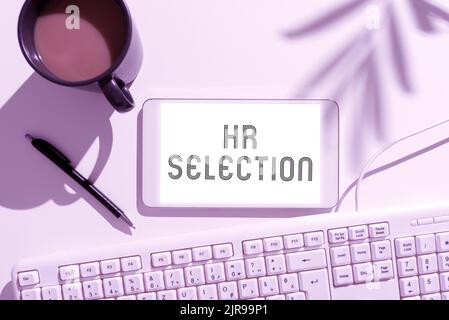 Writing displaying text Hr Selection. Business idea Process and approached by human resources when hiring employees Mobile Phone Screen With Important Stock Photo