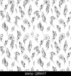 Linear floral black and white seamless pattern in doodle style. Stock Vector