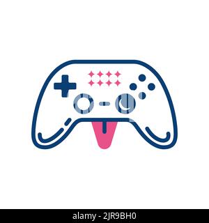 Line icon of a funny gamepad with a winking face has a blue and pink color is isolated on a white background. Stock Vector