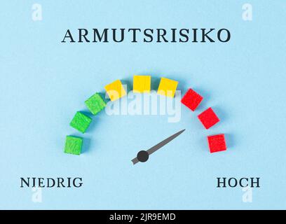 The words risk for poverty are standing in german language over the loading bar, high and low stands below, the pointer indicates to the red area, inf Stock Photo
