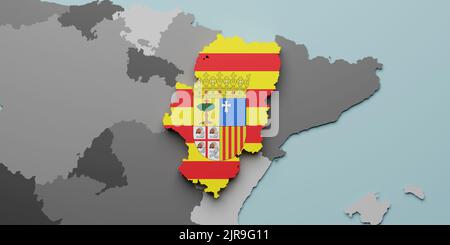 3d rendering of an Aragon Spanish Community flag and map Stock Photo