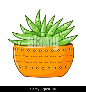 Vector cartoon aloe in pot. Indoor succulent plant with fleshy leaves. House plant for home and interior. Colorful botanical doodle illustration isola Stock Vector