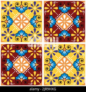 Mexican talavera style ceramic tile vector seamless pattern with flowers and swrils, vibrant wallpaper, textile or fabric print design Stock Vector