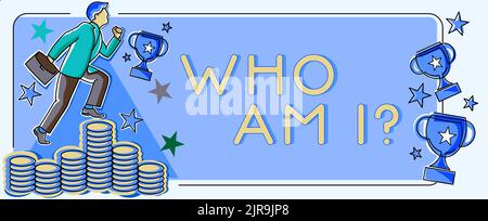 Writing displaying text Who Am I. Internet Concept Introduce Identify yourself personality likes dislikes profile Man climbing upwards money Stock Photo