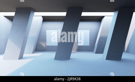 Industrial interior background template of an abstract empty with photo frame, modern concrete room with indirect illumination from the right, a diago Stock Photo