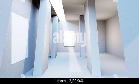 Industrial interior background template of an abstract empty with photo frame, modern concrete room with indirect illumination from the right, a diago Stock Photo