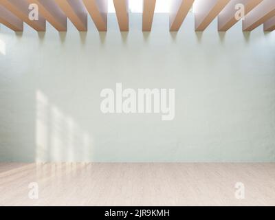 Natural light pours in from the ceiling light channels, illuminating an empty white room with light wooden floors. a border made up of multiple plaste Stock Photo