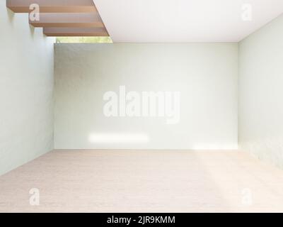 Natural light pours in from the ceiling light channels, illuminating an empty white room with light wooden floors. a border made up of multiple plaste Stock Photo