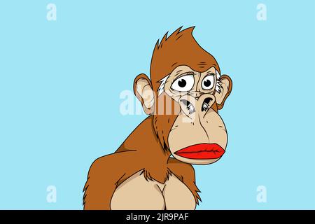 Woman ape base NFT PFP. Default grandma monkey cartoon illustration for character design isolated on blue background Stock Vector