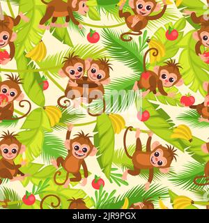 Cute monkeys seamless pattern. Cartoon little primates in jungles. Marmosets hugging on rainforest lianas. Animals eating banana and playing in Stock Vector