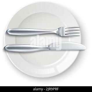Empty plate mockup cutlery on top. Finished meal sign Stock Vector