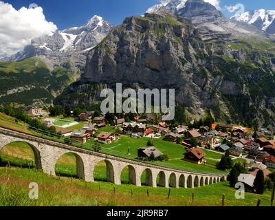 The Allmendhubel funicular seen from the panorama path overlooking the village of Murren, Bernese Oberland, Switzerland. Stock Photo