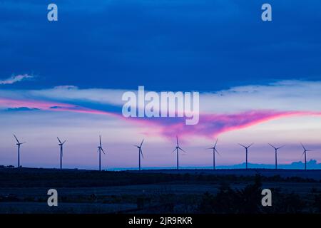 Windmills at sunset, the clouds forming a curious dinosaur shape Stock Photo
