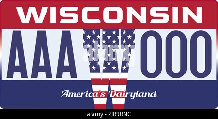 Vehicle license plates marking in Wisconsin in United States of America, Car plates.Vehicle license numbers of different American states.Vintage print Stock Vector