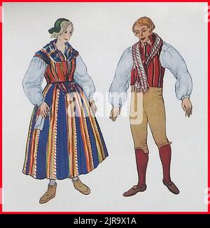 A vintage colour illustration showing traditional national costumes of ...