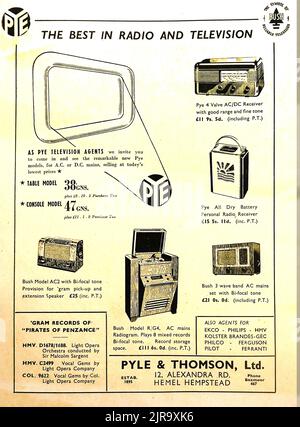 An early advert for Pye Radio & Television sets sold by Pyle and Thomson Ltd of 12 Alexandra Road, Hemel Hempstead, Uk who were also agents for Ecko,Philips,HMV, Kolster Brandes, GEC, Philco, Ferguson, Pilot and Ferranti, and including radiogram records  for music from the pirates of Penzance (Light Opera Orchestra conducted by Sir Malcolm Sargent) and vocal gems by the Light Opera Company. Some prices are in pounds shillings and pence whilst others are in guineas (a guinea being one pound and one shilling) Stock Photo