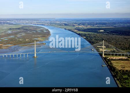 Calvados department (Normandy, north-western France): the Normandy Bridge ('pont de Normandie'), cable-stayed road bridge across the estuary of the Ri Stock Photo