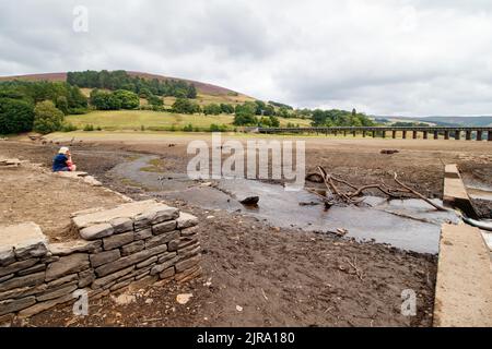 The water level is reduced to a small stream at the Upper end of the Ladybower reservoir near the visitor cenre. The Ladybower reservoir during the dry and drought weather in the summer of 2022. Ladybower Reservoir is a large Y-shaped, artificial reservoir, the lowest of three in the Upper Derwent Valley in Derbyshire, England. Stock Photo