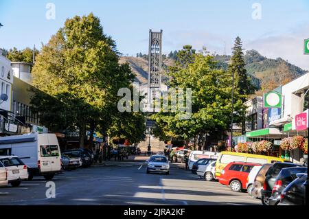 Trafalgar Street in Nelson and Christchurch Cathedral at the end of the street on South Island in New Zealand Stock Photo