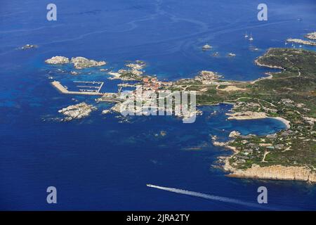 Southern Corsica, Corse-du-sud department, Lavezzi archipelago: aerial view of the Cavallo Island, the largest and the only inhabited island of the ar Stock Photo