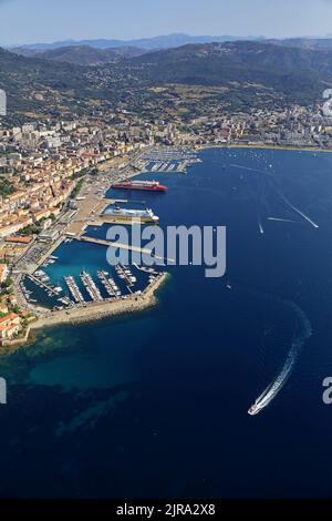 Southern Corsica, Corse-du-sud department, Ajaccio: aerial view of a part of the city, the commercial port, the marina and the fishing port of Tino-Ro Stock Photo