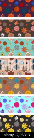 Vector seamless pattern with flowers,set in difference colors. flat illustration. with colors brown, yellow, green, black, orange, blue, pink and purp Stock Vector