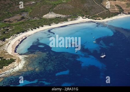 Northern Corsica, Haute-Corse department, Ersa: aerial view of the coast, north of the Cap Corse headland, and the turquoise water at the anchorage of Stock Photo