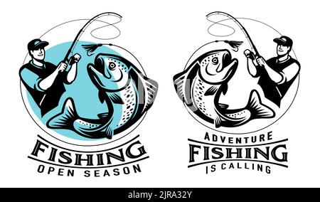 Fisherman with spinning rod caught big fish trout. Fishing sport emblem or logo, badge. Vector illustration isolated Stock Vector