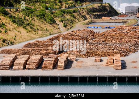 Timber for export to Japan on the quay at Picton on South Island in New Zealand Stock Photo