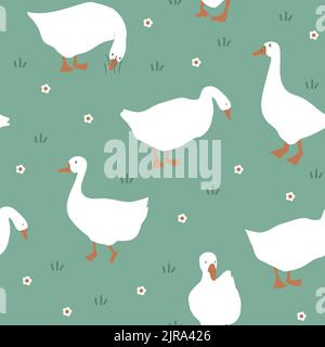 Cute seamless pattern with goose and doodle flowers. Geese in the grass. Vector illustration on light green background.  Stock Vector