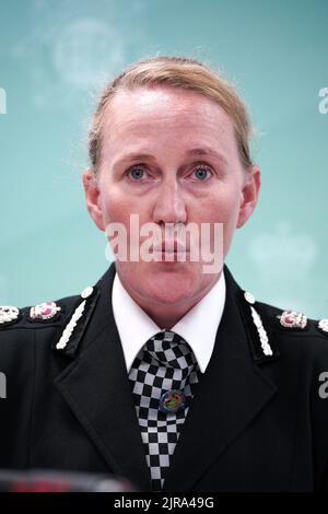 Chief Constable Serena Kennedy from Merseyside Police speaks to the media at force headquarters in Rose Hill after a nine-year-old girl was fatally shot in Knotty Ash, Liverpool, on Monday. Two other people are in hospital with gunshot wounds after officers attended a house in Kingsheath Avenue, Knotty Ash. Picture date: Tuesday August 23, 2022. Stock Photo