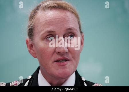 Chief Constable Serena Kennedy from Merseyside Police speaks to the media at force headquarters in Rose Hill after a nine-year-old girl was fatally shot in Knotty Ash, Liverpool, on Monday. Two other people are in hospital with gunshot wounds after officers attended a house in Kingsheath Avenue, Knotty Ash. Picture date: Tuesday August 23, 2022. Stock Photo