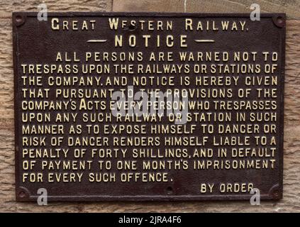 Cast iron GWR - Great Western Railway Notice - By order - No trespassing upon the railway, penalty of forty shillings Stock Photo