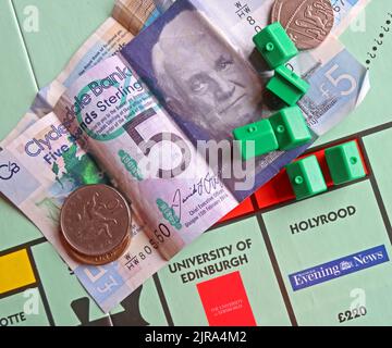 Monopoly board, sterling notes, cost of buying property, new houses in Scotland, reducing effect of second homes to community Stock Photo