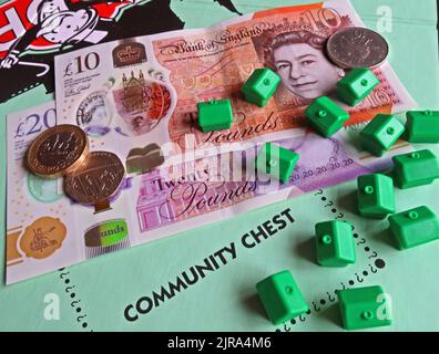 Monopoly board, sterling notes, cost of buying property, new houses in England & Wales, reducing effect of second homes to community Stock Photo