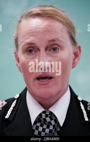 Chief Constable Serena Kennedy from Merseyside Police speaks to the media at force headquarters in Rose Hill after a nine-year-old girl was fatally shot in Knotty Ash, Liverpool, on Monday. Two other people are in hospital with gunshot wounds after officers attended a house in Kingsheath Avenue, Knotty Ash. Picture date: Tuesday August 23, 2022. Stock Photo