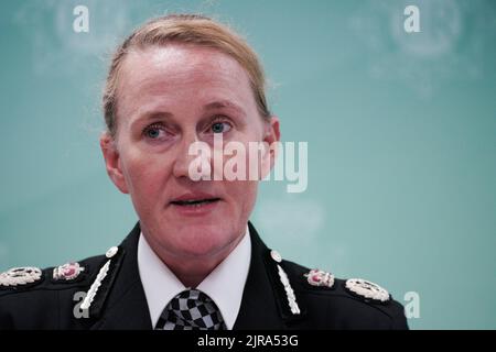 Chief Constable Serena Kennedy from Merseyside Police speaks to the media at force headquarters in Rose Hill after a nine-year-old girl was fatally shot in Knotty Ash, Liverpool, on Monday. Two other people are in hospital with gunshot wounds after officers attended a house in Kingsheath Avenue, Knotty Ash. Picture date: Tuesday August 23, 2022. Stock Photo