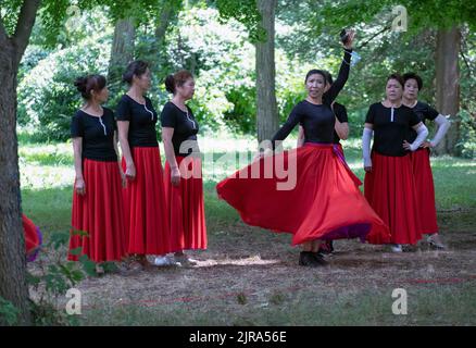 Middle age Chinese American dancers rehearse with their teacher's help in a park in Queens, New York City. Stock Photo