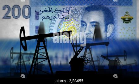 Morocco Dirham money counting machine with oil pump. Petroleum rig and fuel energy business with MAD banknotes count. Economy abstract concept backgro Stock Photo