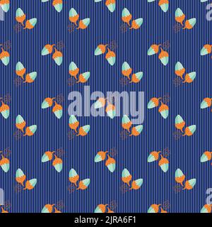 Modern oak leaf acorn vector seamless background pattern. Hand-drawn groups of leaves and acorns on subtle blue striped backdrop. Bright orange blue Stock Vector