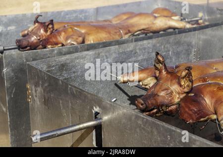 Detail of grilled pork meat with charcoal, greasy food Stock Photo