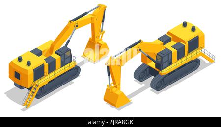 Isometric biggest hydraulic mining excavator. Equipment for high-mining industry. Stock Vector