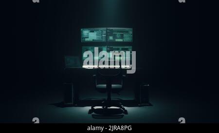 Concept shot of cyber criminal taking seat at table and starting to write malicious program on computer, in dark room for massive attack of corporate big data servers Stock Photo