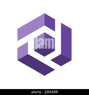 Letter D 3D logo. Letters D, T, P in a 3D cube. Number 6 in an isometric box. Lilac violet colors. Hexagon shape. Stylized stripe make modern monogram Stock Vector